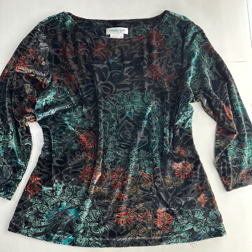 Coldwater Creek Velvet Burnout Top M Floral Whimsigoth Goth Fairy Dark Romantic